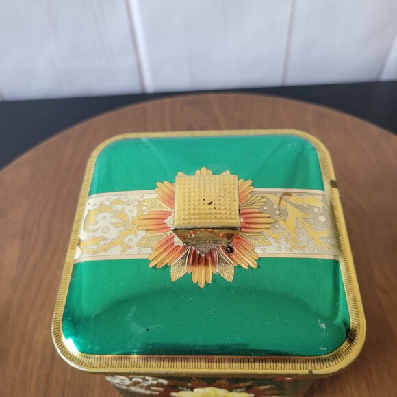 Vintage1970’s Square Green/Gold Barret Tin Canister, Made in England, Floral - Picture 3 of 7